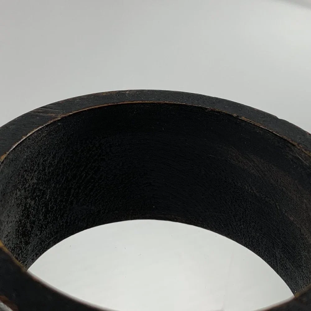 Wood Etched Bangle Bracelet Black Brown Leaf Pattern Ethnic 1.5